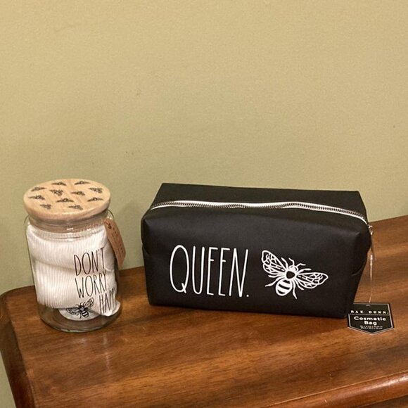 RAE DUNN "QUEEN BEE."Cosmetic Bag and "DON"T WORRY BEE HAPPY" Cotton Rounds Jar - Picture 1 of 6